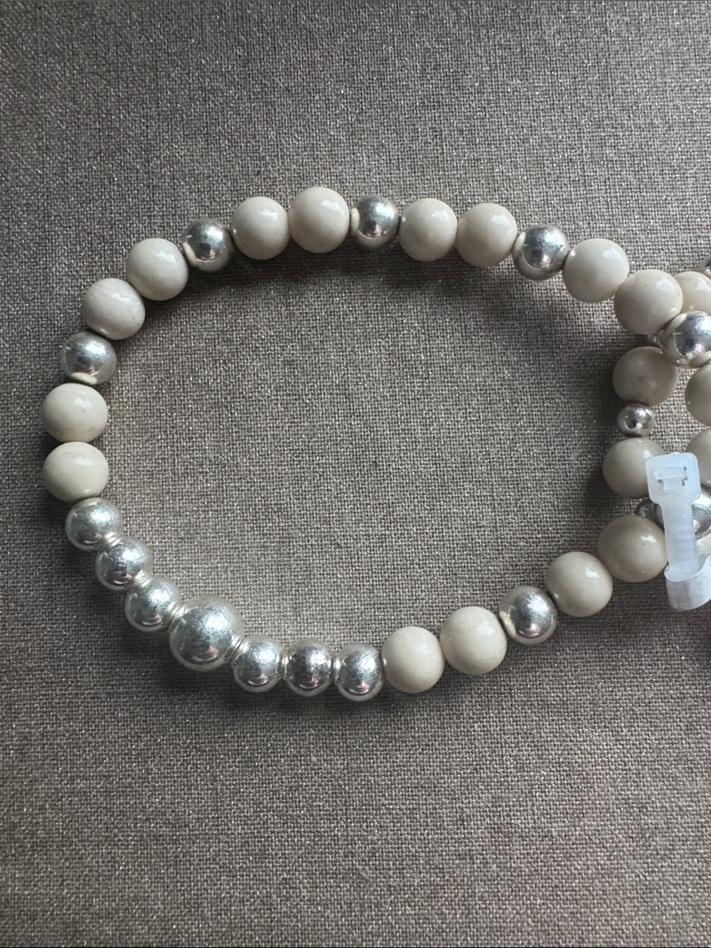 Neutral Cream Bead Stretch Bracelet Set with Sterling Silver Accents - Picture 3 of 4
